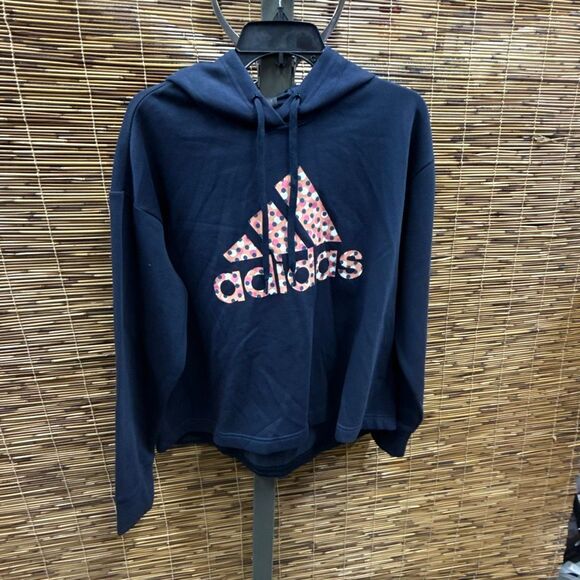 ADIDAS Womens Navy Fleece Ribbed Drawstring Hood Step Hem Logo Graphic Sweatshir - Picture 2 of 3